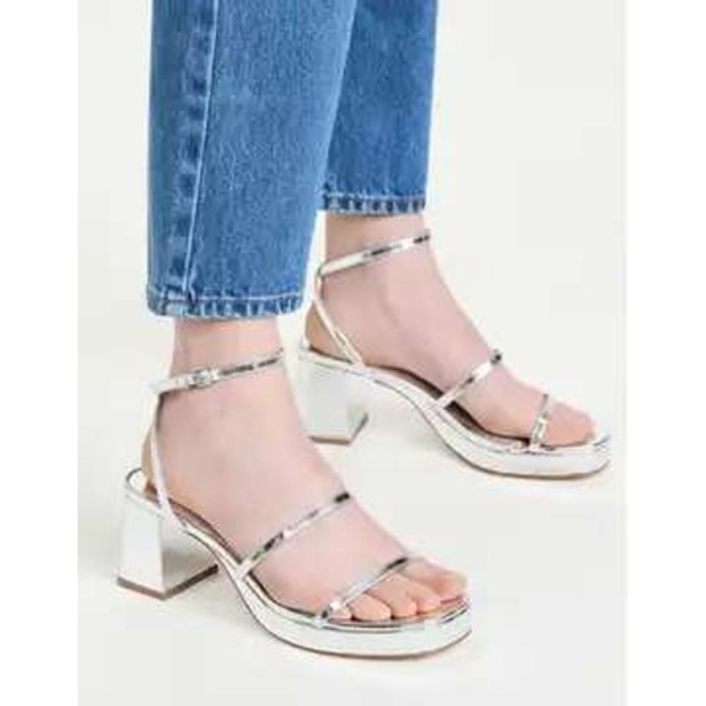 Larroude Gio Platform Sandals Silver Metallic Leather Strappy Block Heel Size 7